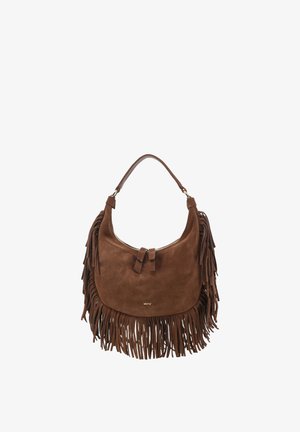 Braune Wildlederhandtasche mit Ledergriff und langen Fransen an den Seiten und am Boden, Reißverschluss und kleinem Logo auf der Vorderseite.