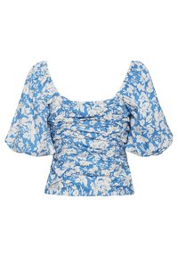 Blouse fleurie bleue à manches bouffantes, avec une texture froncée sur le corsage. Confectionnée en tissu léger avec un décolleté carré.