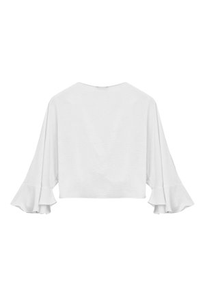 Top bianco corto con ampie maniche a volant e scollatura tonda. Realizzato in tessuto leggero con una texture liscia.