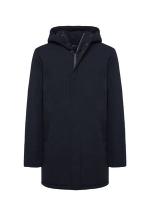 Navy blue long coat with a hood, featuring a front zipper closure, side pockets, and a smooth, water-resistant fabric.