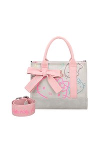 Borsa a tracolla in tela grigia con accenti rosa, caratterizzata da un grande fiocco e design di Hello Kitty. Include una tracolla coordinata. Forma compatta e strutturata.