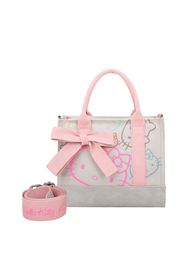 Borsa a tracolla in tela grigia con accenti rosa, caratterizzata da un grande fiocco e design di Hello Kitty. Include una tracolla coordinata. Forma compatta e strutturata.