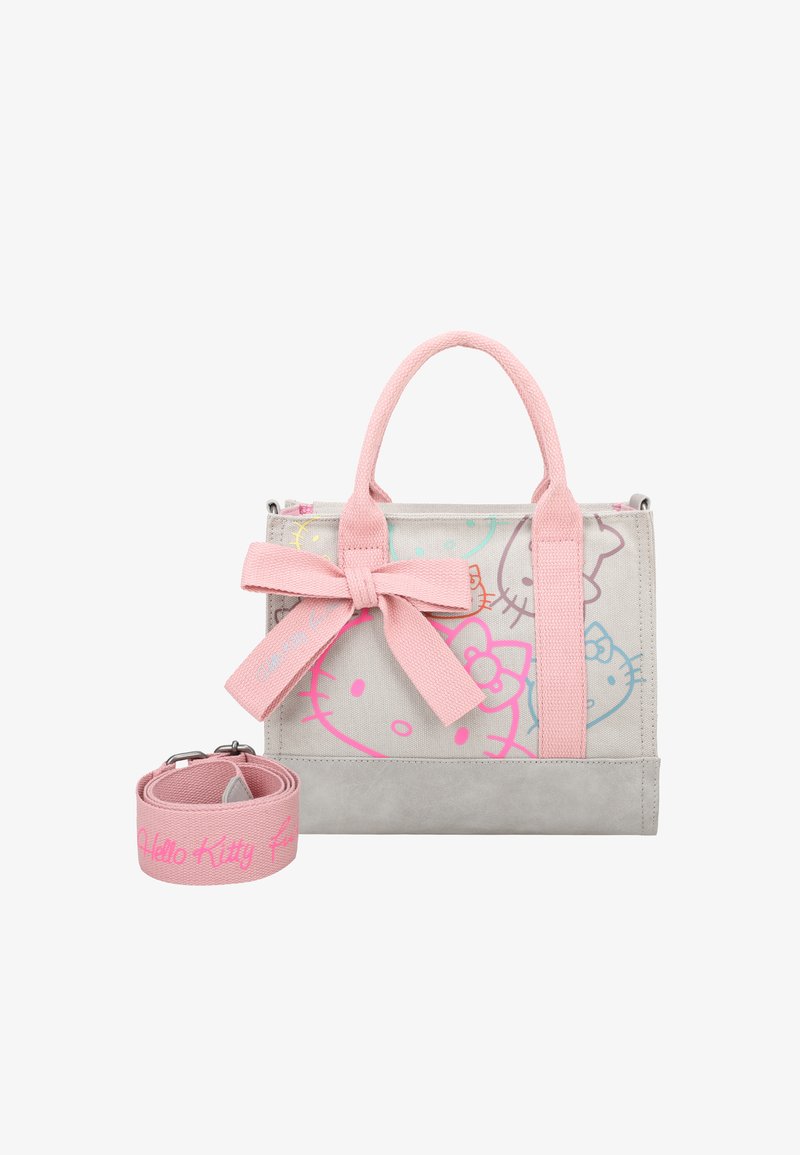 Sac à main en toile grise avec des accents roses, présentant un grand nœud et des motifs Hello Kitty. Comprend une sangle assortie. Forme compacte et structurée.