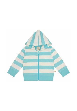 Kinder-Kapuzenjacke mit Reißverschluss mit horizontalen weißen und hellblauen Streifen und gerippten Bündchen und Saum.