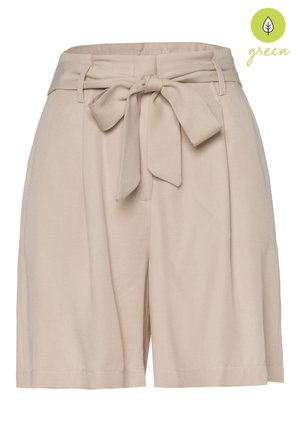Beige shorts med høj talje, bæltestropper og et stofbånd bundet i en sløjfe i taljen, med en løs, plisseret design.