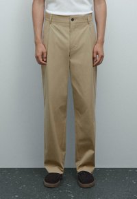Beige, wide-leg trousers with pleats, made from a cotton blend. Includes a front button closure and side pockets. Worn with dark shoes.