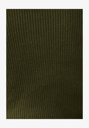 Ribbels gebreide stof in donkergroen olijf. Heeft een gestructureerd oppervlak met verticale strepen, wat zorgt voor een zachte en elastische feel.