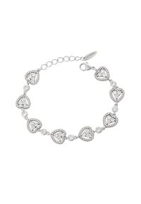 Braccialetto d'argento a forma di cuore con più anelli a forma di cuore, ciascuno decorato con piccoli gemme trasparenti e un bordo testurizzato, dotato di una chiusura sicura.