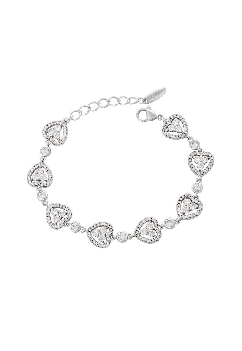 Braccialetto d'argento a forma di cuore con più anelli a forma di cuore, ciascuno decorato con piccoli gemme trasparenti e un bordo testurizzato, dotato di una chiusura sicura.