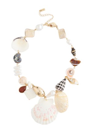 Necklace featuring various seashells, pearls, and gold-tone accents linked by gold chain with adjustable clasp.