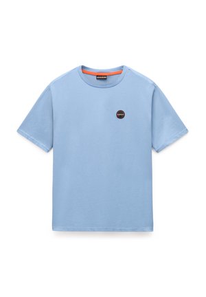 Light blue cotton T-shirt with short sleeves, round neckline, and a circular black and orange logo on the left chest.