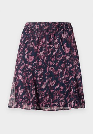 Marinefarbene Rock mit elastischem Bund, der ein pink-lila abstraktes Blumenmuster und einen leicht ausgestellt geschnittenen Saum aufweist.