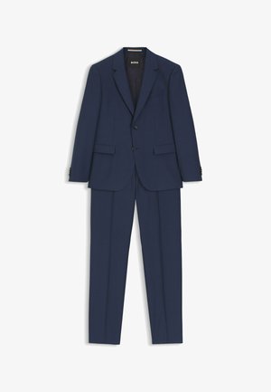 Marineblaue Herrenanzug zweiteilig mit Sakko mit Kerbkragen, zwei Vordertaschen, geknöpften Manschetten und passenden gerade geschnittenen Hosen.