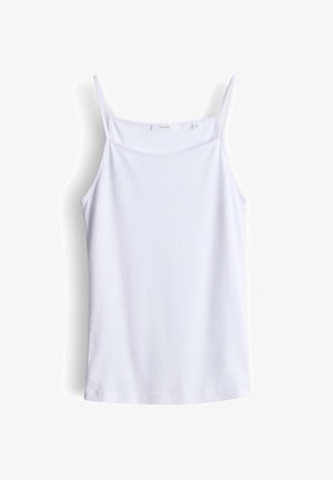 White sleeveless camisole top with thin adjustable shoulder straps, straight neckline, and smooth fabric, laid flat on white background.