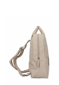 Beige Kunstledertasche mit Reißverschluss, rechteckiger Form und verstellbaren Trägern. Auffällige Details sind die strukturierte Oberfläche und die subtile Nahtführung.