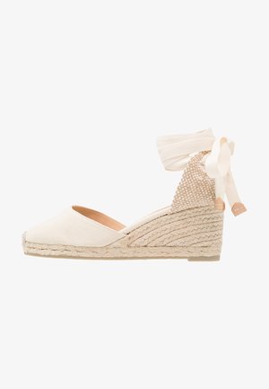 Beez värvi kanvas espadrillide platvorm, millel on tekstuuriga tagumine osa, kreemivärvi pahkluu riba ja põimitud jute sisetald. Ümar tsoon ja kerge konts.