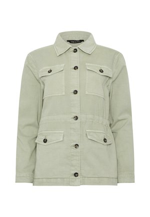 Lichtgroene jas met knopen, voorzien van vier klepzakken aan de voorkant en een klassieke kraag, ontworpen voor casual gebruik.