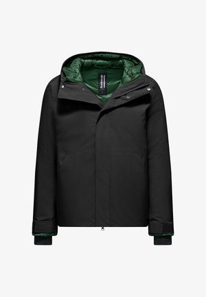 Black padded jacket with a green interior, featuring a high collar, zip closure, and double side pockets. Cuffs have adjustable straps.