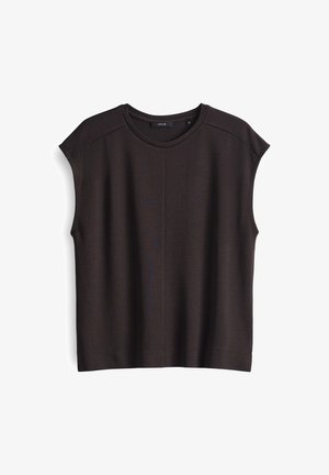 Bruine top met korte mouwen, gemaakt van zacht, soepel materiaal. Beschikt over een ronde hals en een schoon, eenvoudig ontwerp zonder zichtbare versieringen.