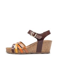 Sandalo con zeppa in pelle marrone e arancione con piattaforma in sughero. Presenta più cinturini incrociati e una cinghia alla caviglia con fibbia dorata.