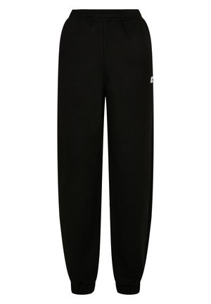 Pantalons de survêtement noirs en tissu doux, avec une taille élastique et des poignets ajustés. Comprend un petit logo blanc sur le côté.
