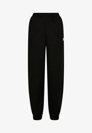 Sorte sweatpants lavet af blødt stof, med elastisk talje og tætsiddende manchetter. Inkluderer et lille hvidt logo på siden.