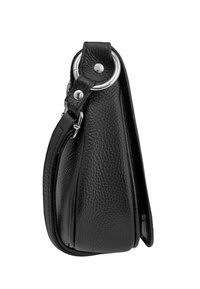 Black leather bag with a textured finish, asymmetrical shape, featuring a silver metal ring, and an adjustable strap for carrying.