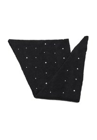 Sciarpa triangolare nera realizzata in materiale testurizzato, decorata con piccole embellishment simili a perle disposte uniformemente sulla superficie.