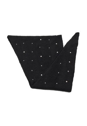 Sciarpa triangolare nera realizzata in materiale testurizzato, decorata con piccole embellishment simili a perle disposte uniformemente sulla superficie.