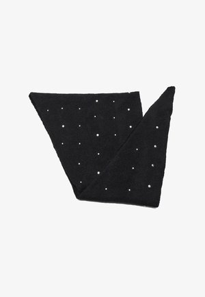 Sciarpa triangolare nera realizzata in materiale testurizzato, decorata con piccole embellishment simili a perle disposte uniformemente sulla superficie.