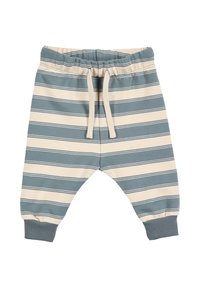 Cotton jogger pants in blue and cream stripes with elastic waistband, drawstring, and elastic cuffs at the ankles.