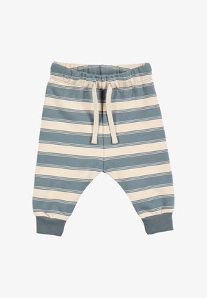 B cotton jogger-bukser i blå og creme striber med elastisk talje, snor og elastiske manchetter ved anklerne.