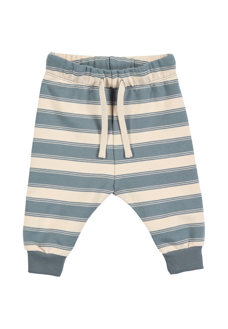 Cotton jogger pants in blue and cream stripes with elastic waistband, drawstring, and elastic cuffs at the ankles.