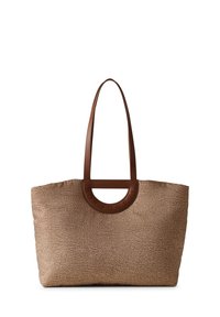 Brown textured tote bag with two brown shoulder straps and a circular logo accent. Features a pebbled surface and open top design.