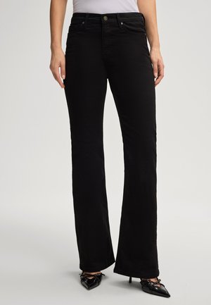 Zwarte flared jeans van katoen met een gladde textuur, voorzien van voorzakken, een knoopsluiting en een gemiddelde taillehoogte.