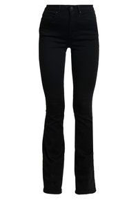 Jean noir taille haute, coupe slim au niveau des cuisses et légère évasée en bas, avec poches avant et fermeture par boutons.