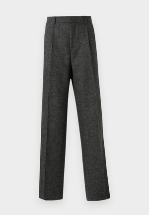 Gray tailored trousers made of textured fabric, featuring two front pleats and a straight-leg design. No visible pockets or embellishments.