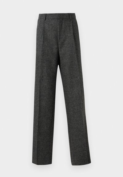 Grå skræddersyede bukser lavet af tekstureret stof, med to frontplicer og lige ben-design. Ingen synlige lommer eller udsmykninger.