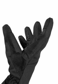 Schwarze Handschuhe aus weichem, strukturiertem Stoff mit verstärkten Fingerspitzen und Detailnähten. Das Design hat eine angepasste Form für Geschicklichkeit.