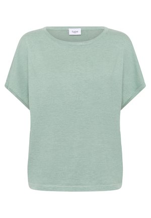 Lys grøn kortærmet top med løs pasform, rund halsudskæring og struktureret overflade. Etiketten er syet i midten af halsudskæringen.