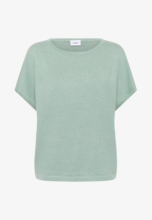 Lichtgroene t-shirt met korte mouwen, een losse pasvorm, ronde halslijn en een gestructureerd oppervlak. Label genaaid aan het midden van de halslijn.