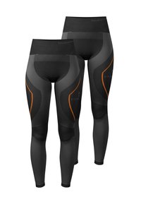 Schwarze Leggings mit strukturierten, kontrastierenden Einsätzen in Grau und orangefarbenen Akzenten, mit hohem Bund und figurbetontem Schnitt.