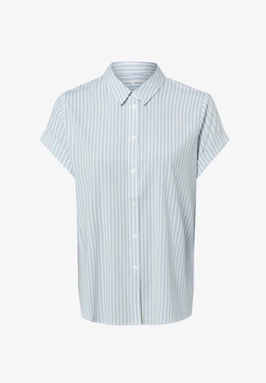 Kurzärmelige weiße Bluse mit dünnen vertikalen blauen Streifen, vorne mit Knöpfen und klassischem spitzem Kragen.