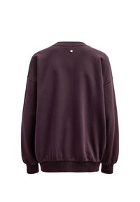 Sweat-shirt violet foncé à manches longues avec poignets et ourlet côtelés, présenté de dos sur fond blanc.
