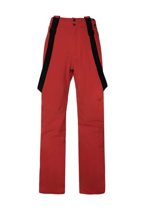 Pantalones de esquí impermeables rojos con tirantes negros ajustables, dos botones frontales y un logo cerca del tobillo. Fabricados con material duradero.