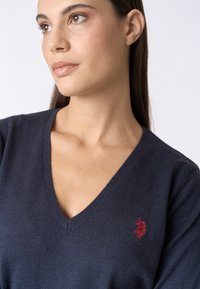 Maglione a V blu navale realizzato in morbido tessuto lavorato a maglia; presenta un piccolo logo ricamato rosso sul petto e polsini a coste.