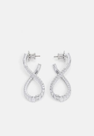 Silver-tone earrings with an infinity design, featuring baguette-cut accents and a smooth finish. Posts for secure wear.
