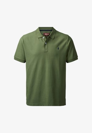 Vihreä polo-paita puuvillasekoitteesta, jossa on kauluksen päällä, kaksinapainen nappisuljenta ja pieni laivastonsininen logo rinnassa. Suora helma ja lyhyet hihat.