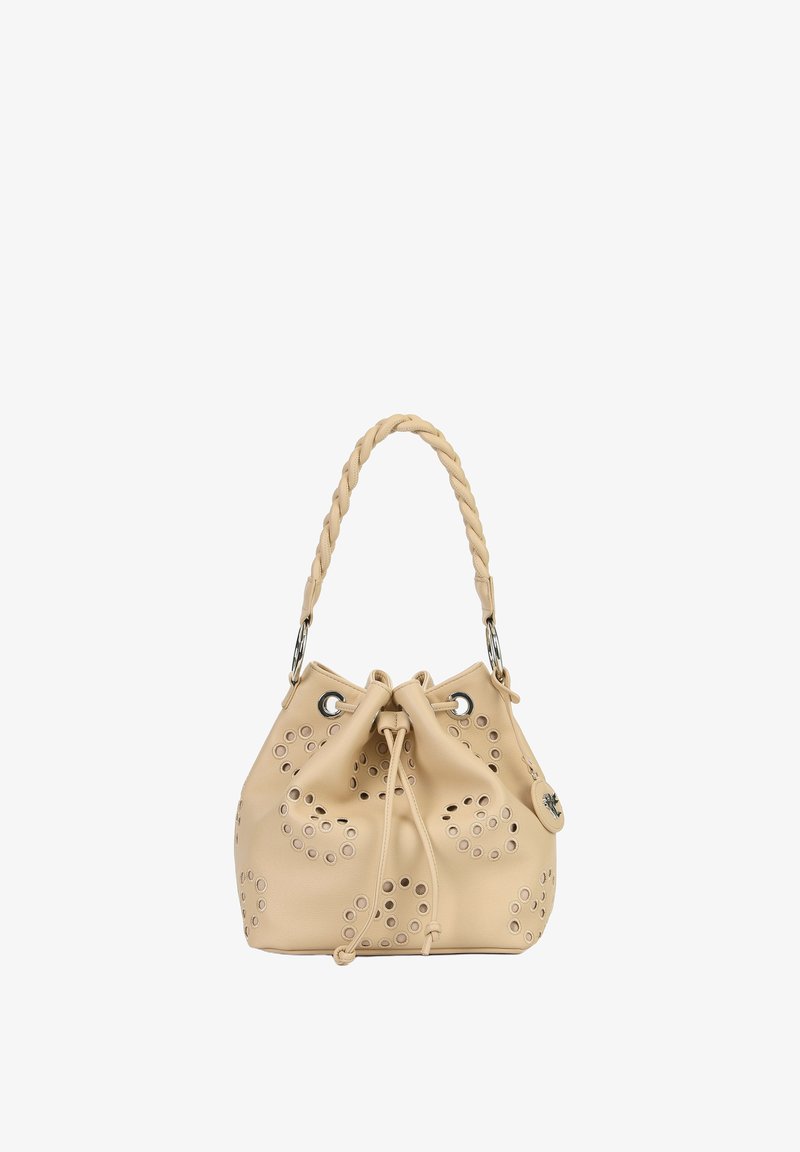 Borsa secchiello in pelle beige con manico intrecciato, motivi circolari traforati e chiusura a coulisse.