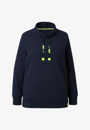 Navyblå sweatshirt med tekstureret stof, høj krave og snore med neon grønne accenter. Ribstrikkede manchetter og kant.